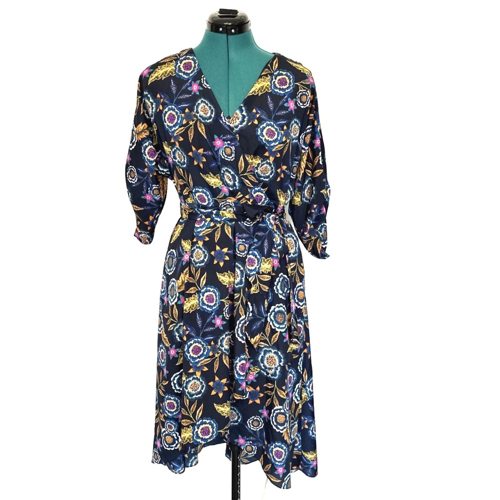 Eliza J Floral High/Low Wrap Dress in Blue Belted 3/4 Sleeve Pockets 10 Petite